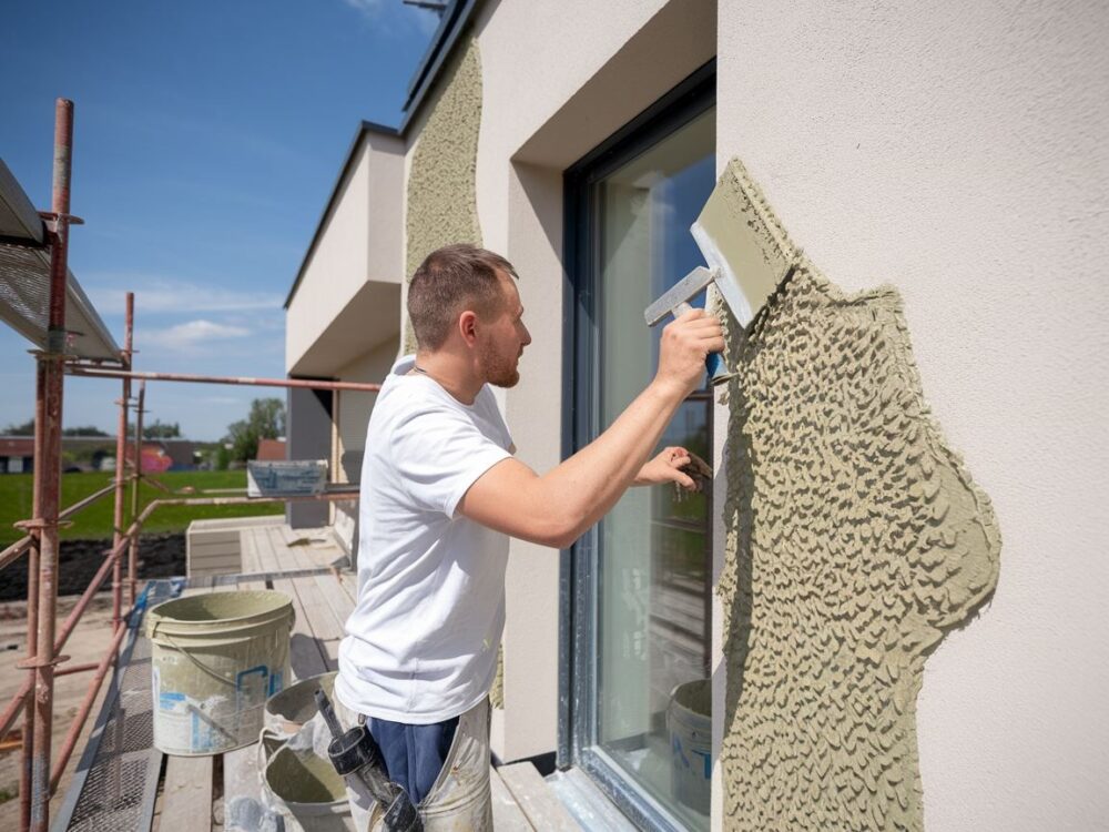 Teksturowany tynk baranek na nowoczesnej elewacji