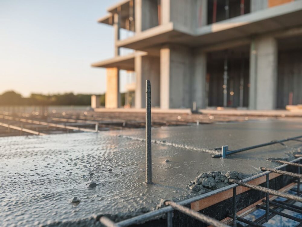Wilgotne fundamenty betonowe na tle nieba