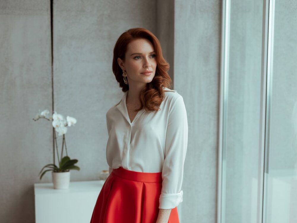 biała bluzka i czerwona spódnica