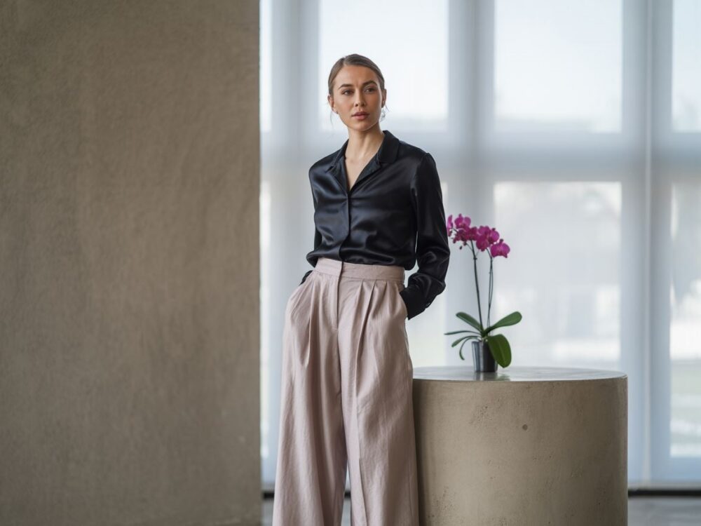 czarna bluzka i eleganckie spodnie w kratę