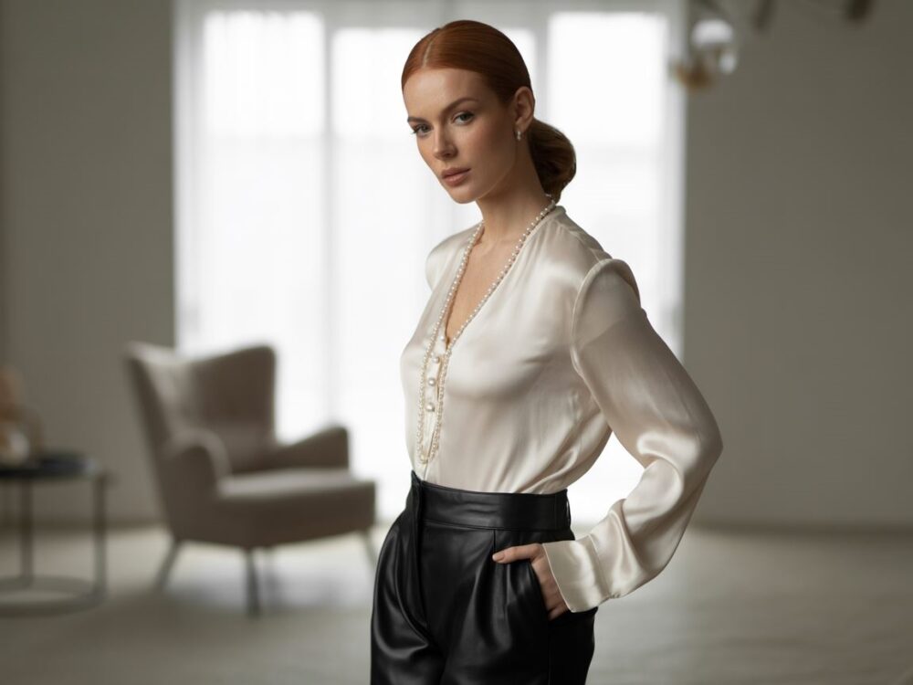 stylizacja z białą bluzką i skórzanymi spodniami